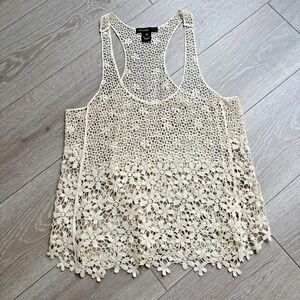 Weavers Womens Cream Floral Crochet Lace Boho Racerback Summer Tank Top Size L